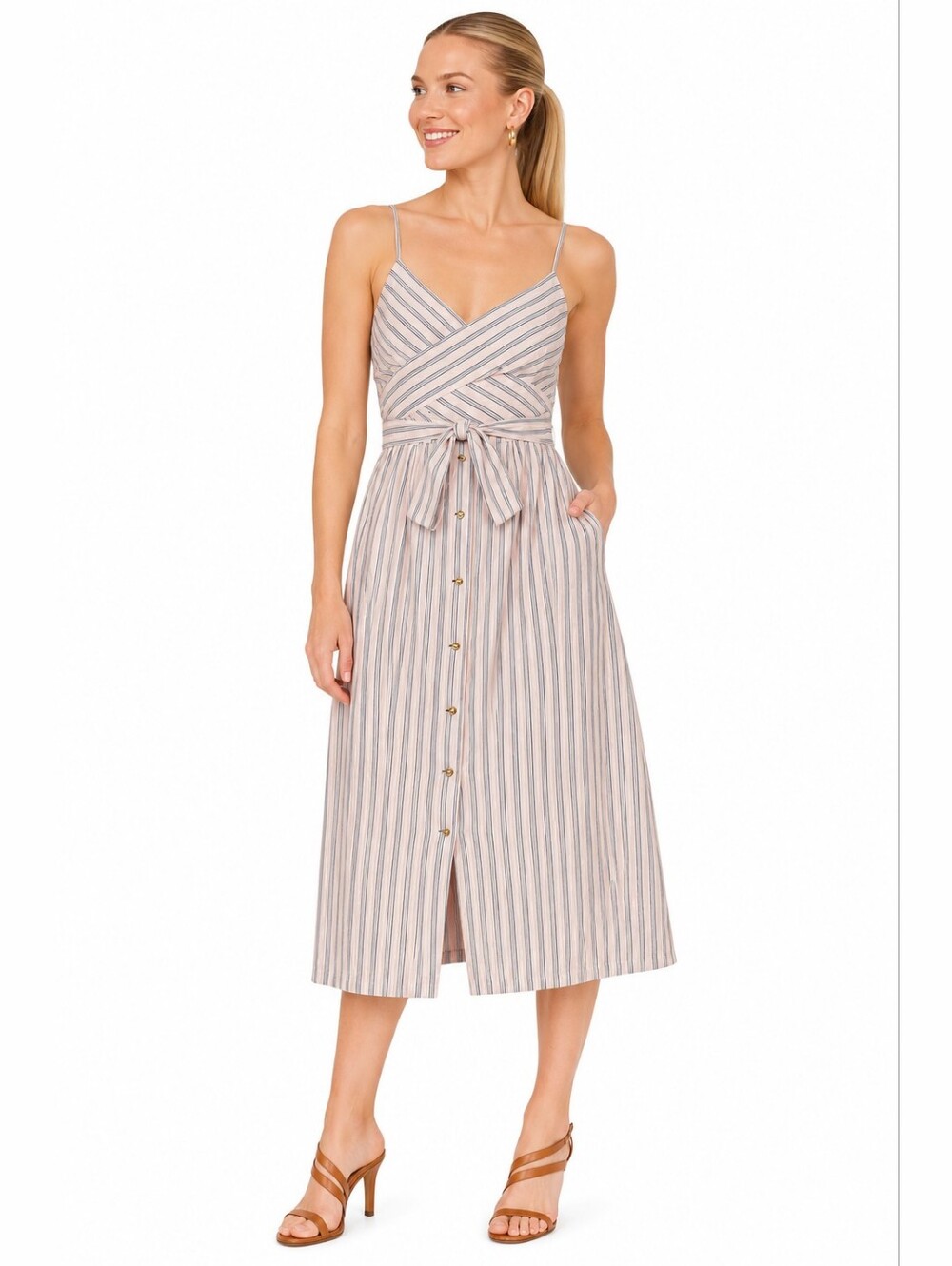 Saylor Quincey Striped Midi Dress XL Pink Blue Cotton Tie Waist Button Front